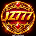 JZ777 game logo with red background, golden text, slot machine, dice, and casino theme design
